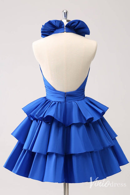 Blue Tiered Ruffled Homecoming Dresses V-Neck Satin Back to School Dress S24053-prom dresses 2025 -Viniodress-Blue-Custom Size-