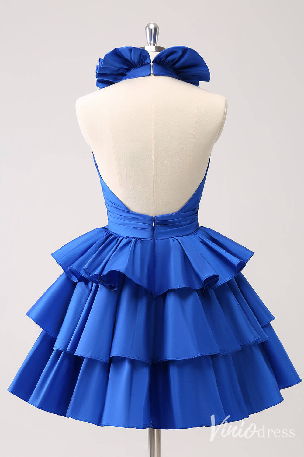 Blue Tiered Ruffled Homecoming Dresses V-Neck Satin Back to School Dress S24053-prom dresses-Viniodress-Viniodress