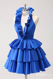 Blue Tiered Ruffled Homecoming Dresses V-Neck Satin Back to School Dress S24053-prom dresses-Viniodress-Viniodress