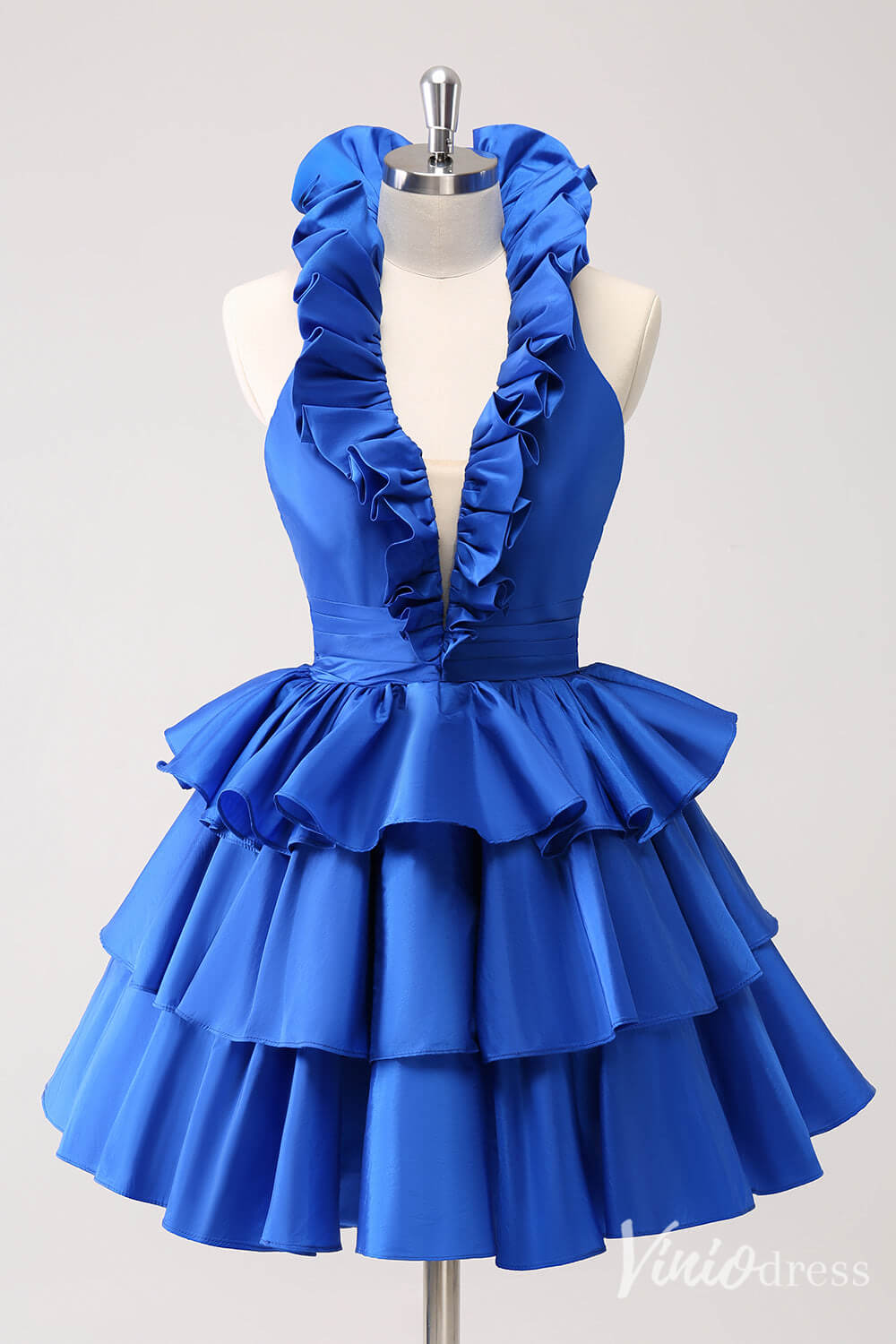 Blue Tiered Ruffled Homecoming Dresses V-Neck Satin Back to School Dress S24053-prom dresses-Viniodress-Blue-Custom Size-Viniodress