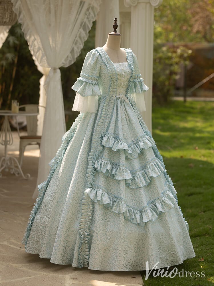 Blue Tiered Ruffled Quinceanera Dress Puffed Sleeve Vintage Princess Dress AD1304 - ViniodressQuinceanera DressesBlueCustom Size - Formal Dresses - Ball Gowns