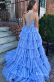 Blue Tiered Spaghetti Strap Prom Dresses Beaded Lace Sheer Bodice FD4036-prom dresses-Viniodress-Viniodress