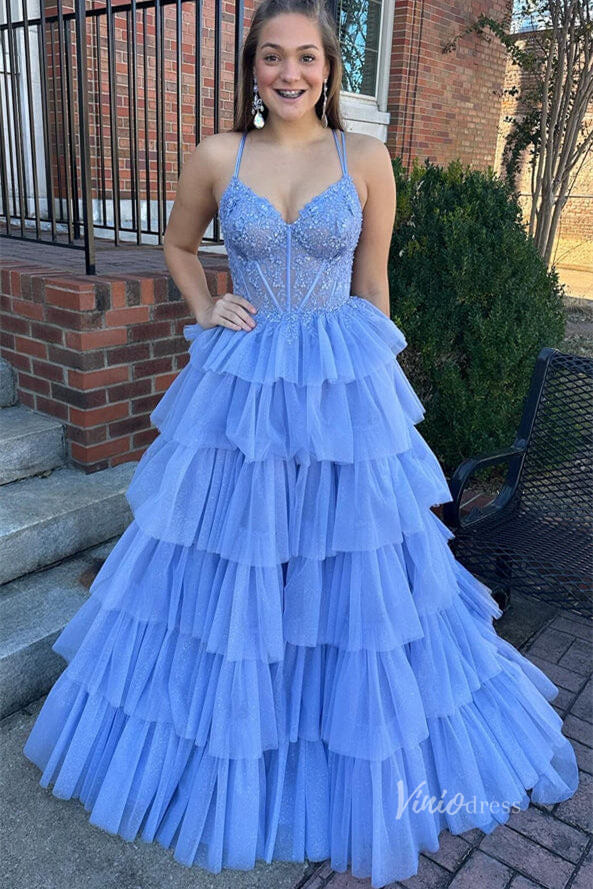 Blue Tiered Spaghetti Strap Prom Dresses Beaded Lace Sheer Bodice FD4036-prom dresses-Viniodress-Blue-Custom Size-Viniodress