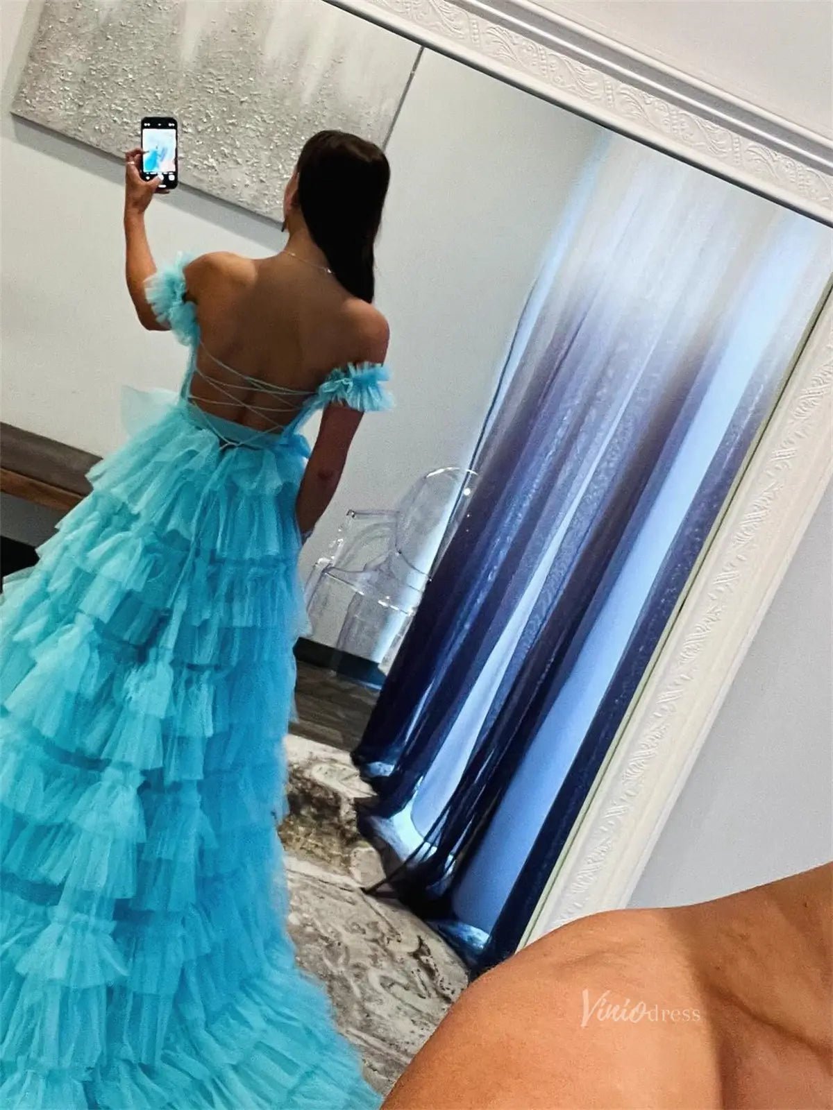 Blue Tiered Tulle Prom Dresses Off the Shoulder Ruffle Formal Dress with Slit FD3478-prom dresses 2025 -Viniodress-Aqua-Custom Size-