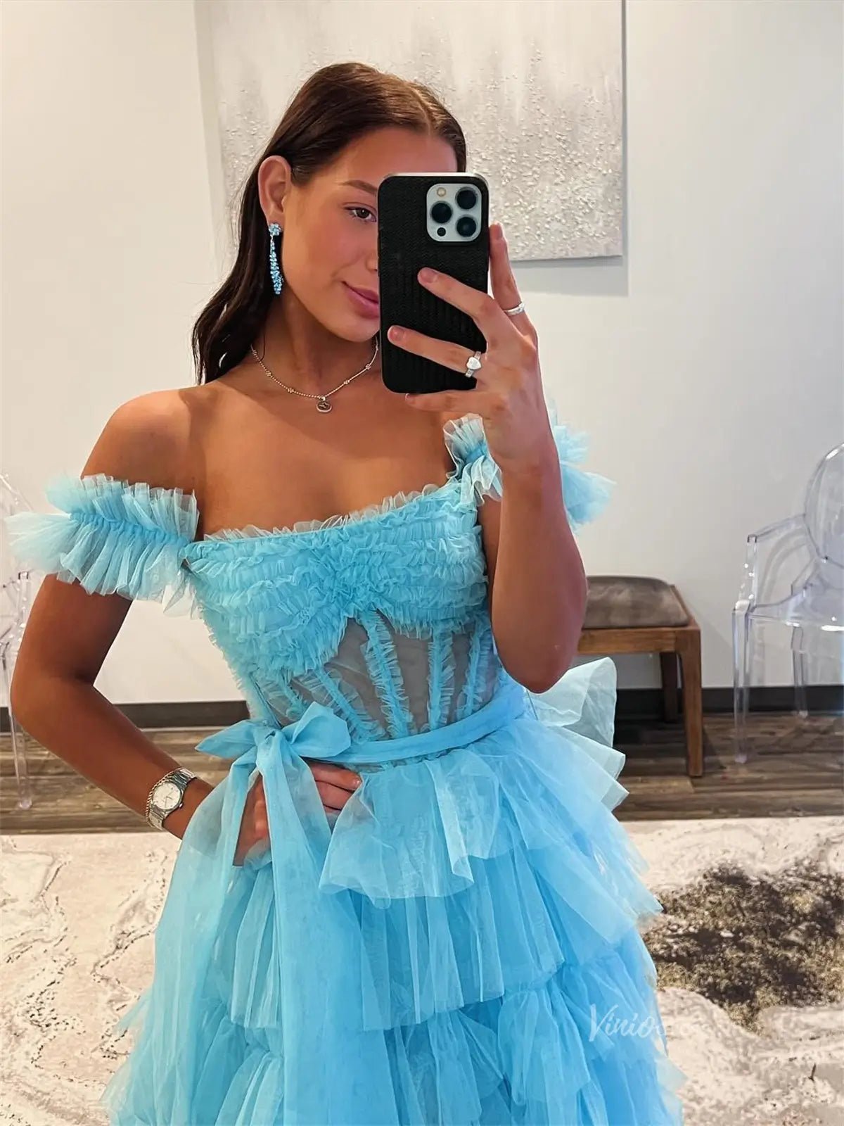 Blue Tiered Tulle Prom Dresses Off the Shoulder Ruffle Formal Dress with Slit FD3478-prom dresses 2025 -Viniodress-Aqua-Custom Size-