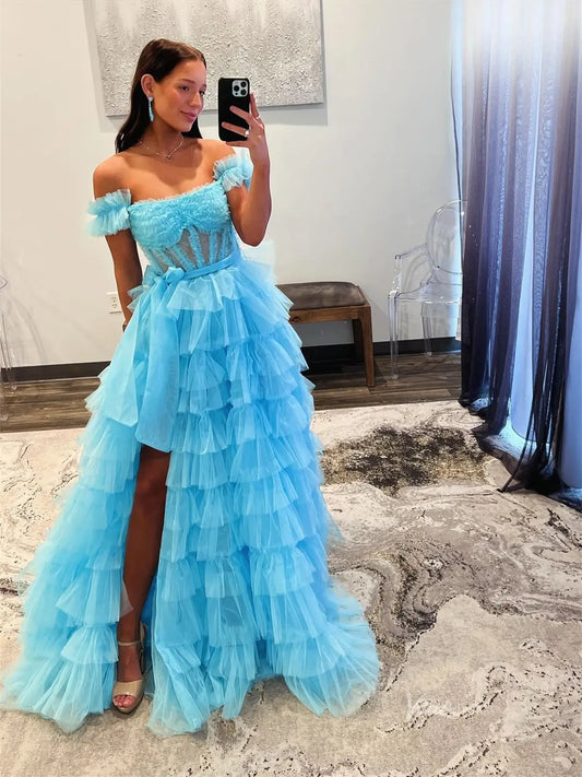 prom dresses 2025 Blue Tiered Tulle Prom Dresses Off the Shoulder Ruffle Formal Dress with Slit FD3478-plus size wedding dresses Viniodress-Aqua-Custom Size-