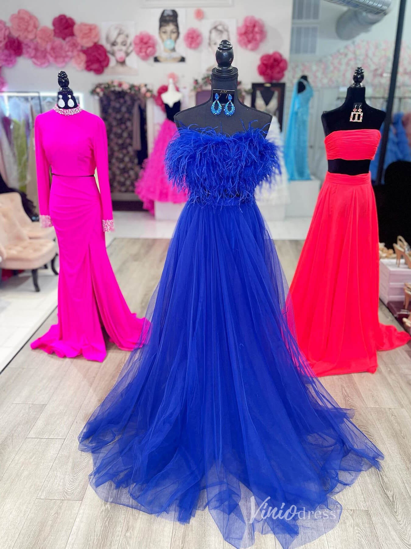 Blue Two Piece Strapless Prom Dresses Feather Evening Dress FD4073 - Viniodressprom dressesBlueCustom Size - Formal Dresses - Ball Gowns