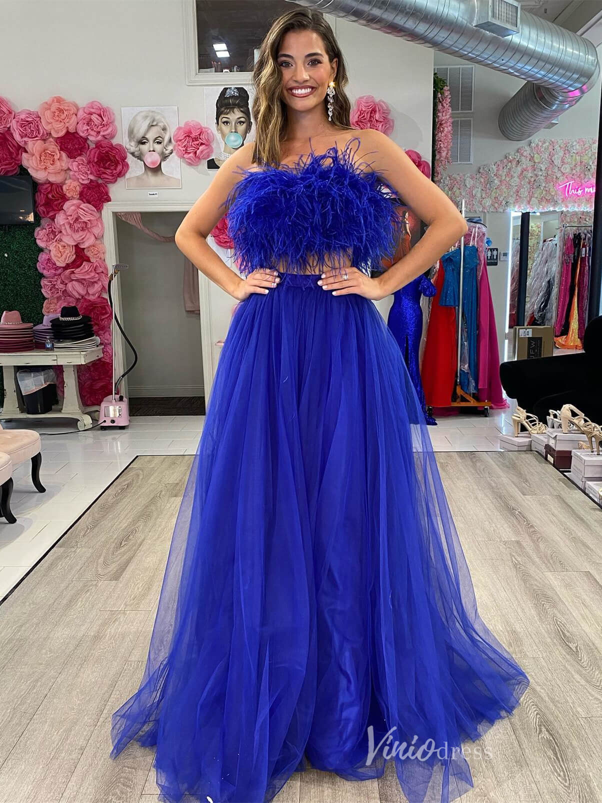 Blue Two Piece Strapless Prom Dresses Feather Evening Dress FD4073 - Viniodressprom dressesBlueCustom Size - Formal Dresses - Ball Gowns