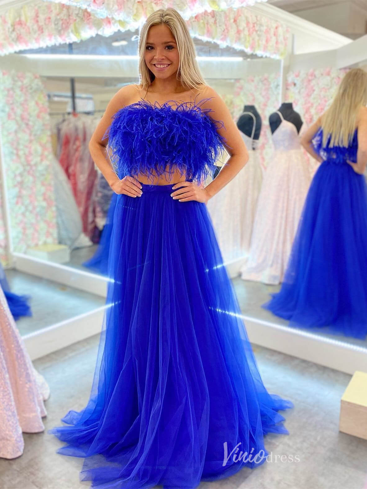 Blue Two Piece Strapless Prom Dresses Feather Evening Dress FD4073 - Viniodressprom dressesBlueCustom Size - Formal Dresses - Ball Gowns