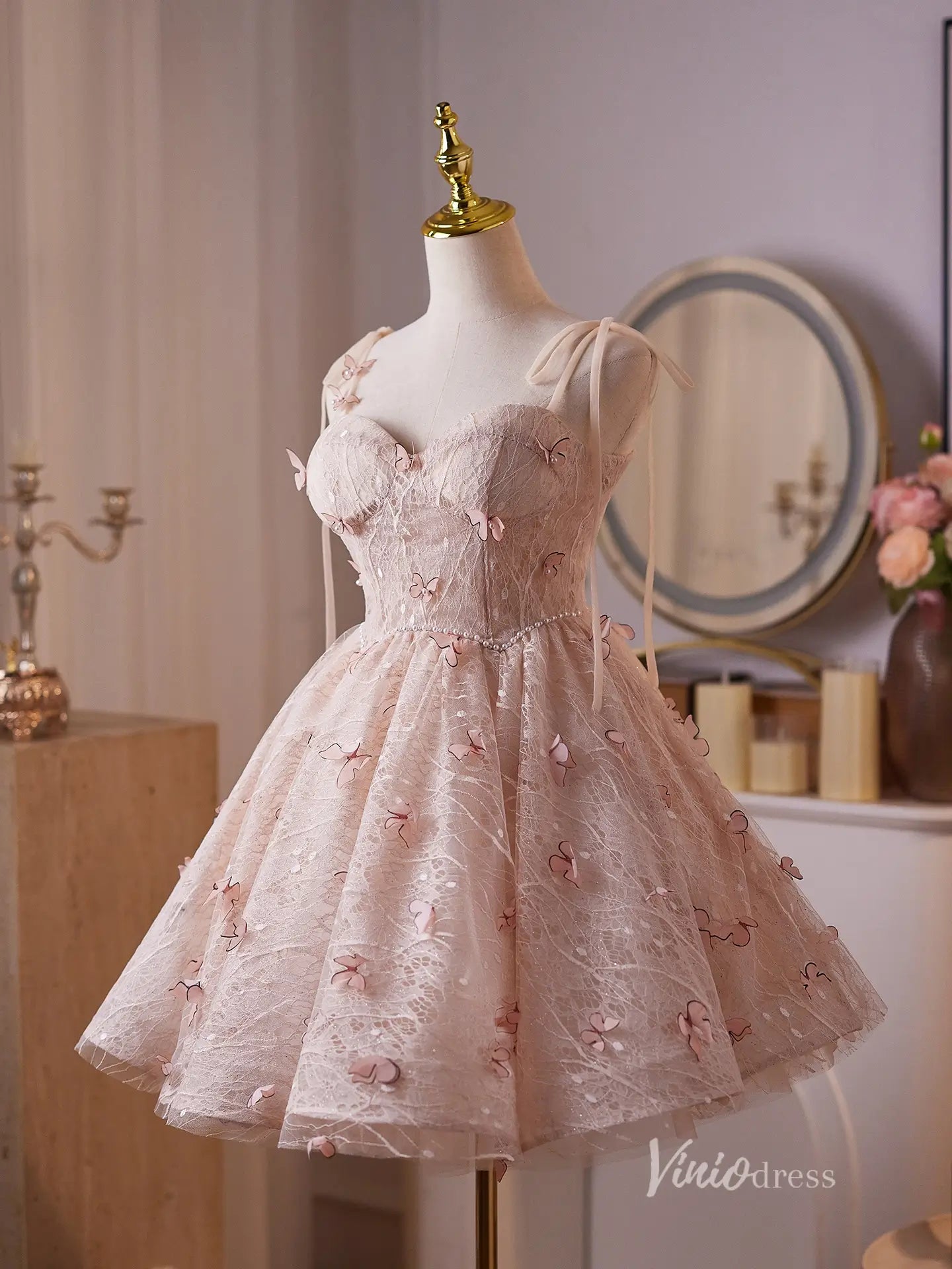 Blush 3D Butterfly Homecoming Dress with Sweetheart Corset Bodice, Lace-Up Back – BJ091-prom dresses 2025 -Viniodress-Blush-Custom Size-