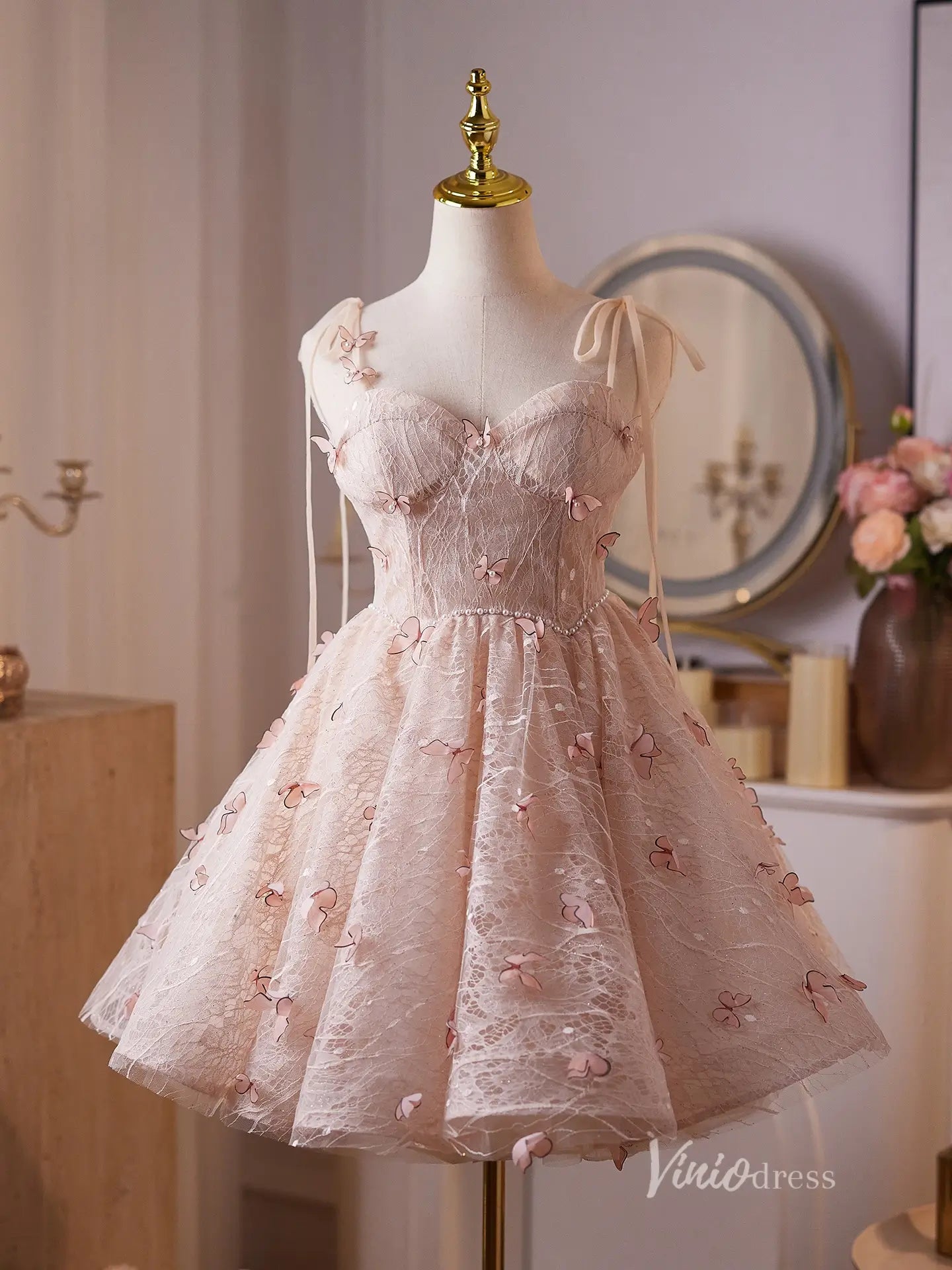 Blush 3D Butterfly Homecoming Dress with Sweetheart Corset Bodice, Lace-Up Back – BJ091-prom dresses 2025 -Viniodress-Blush-Custom Size-