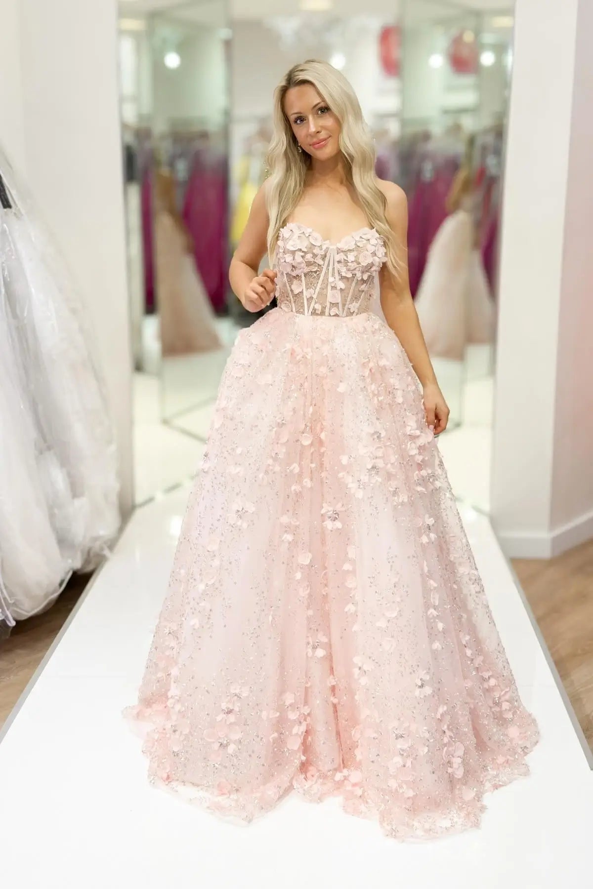 Blush 3D Floral Ball Gown Prom Dress with Boned Bodice & Glitter Tulle Skirt – AL007-prom dresses 2026-Viniodress-Blush-Custom Size-