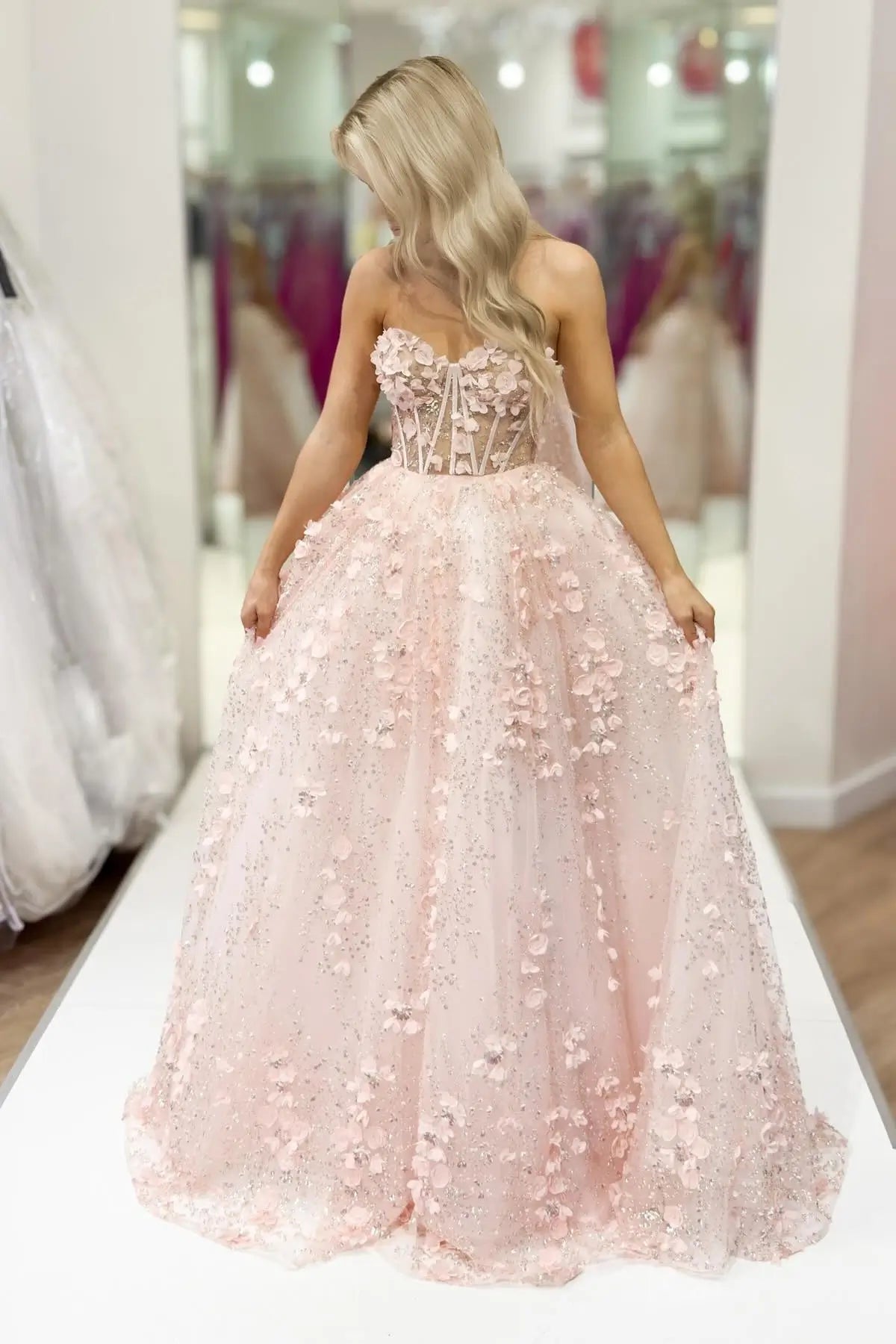 Blush 3D Floral Ball Gown Prom Dress with Boned Bodice & Glitter Tulle Skirt – AL007-prom dresses 2026-Viniodress-Blush-Custom Size-