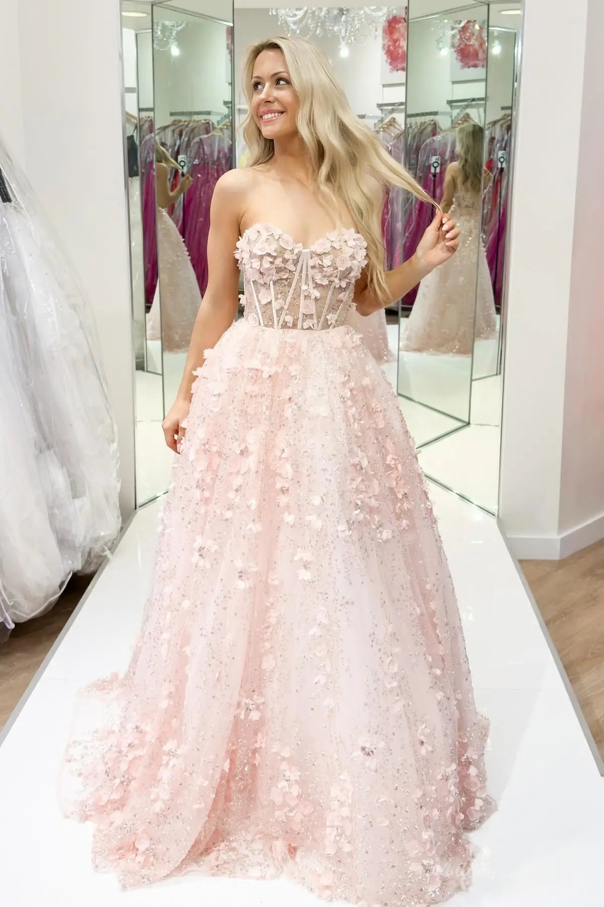 Blush 3D Floral Ball Gown Prom Dress with Boned Bodice & Glitter Tulle Skirt – AL007-prom dresses 2026-Viniodress-Blush-Custom Size-