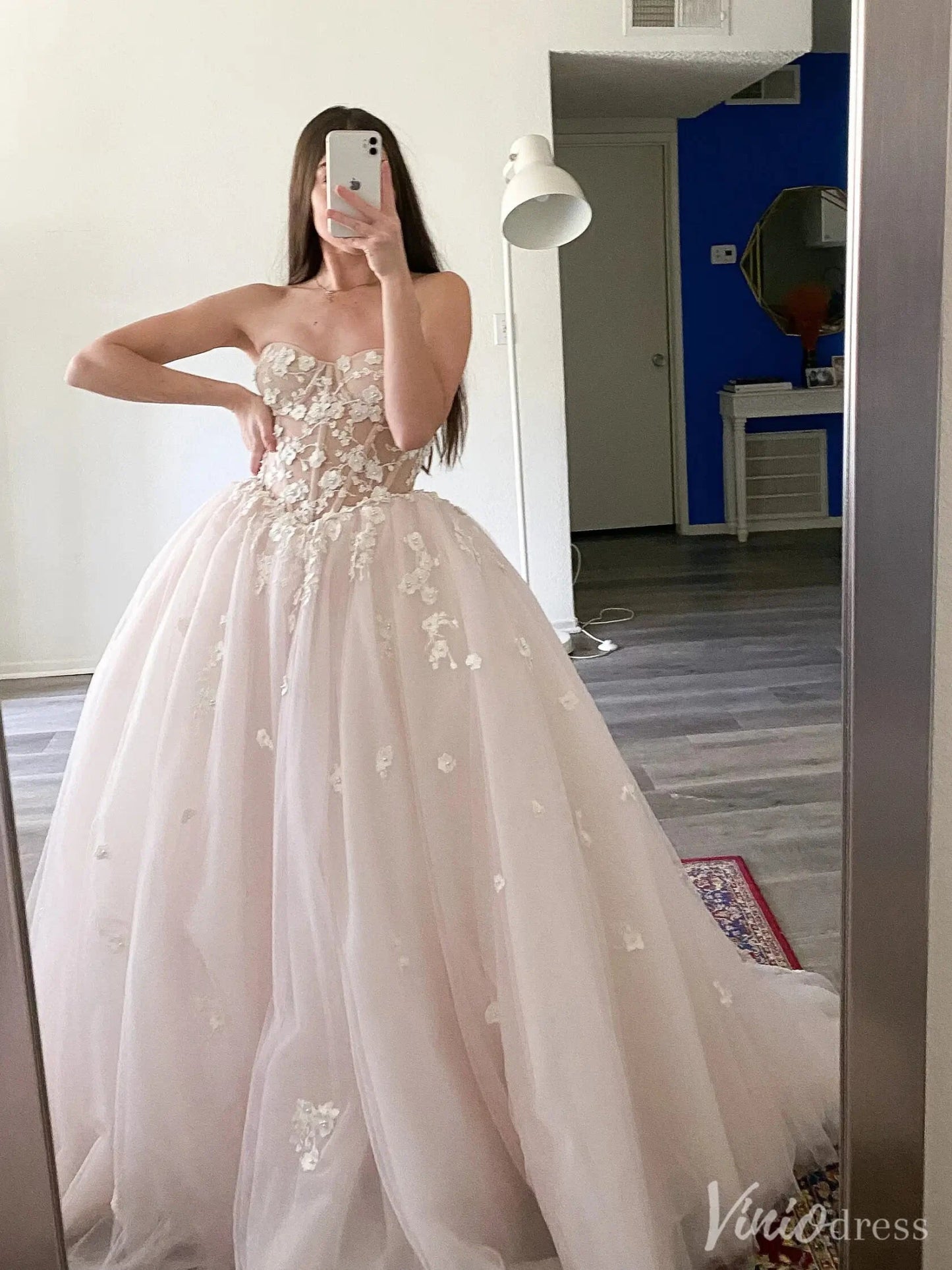 Blush 3D Floral Ball Gown Wedding Dress with Sheer Corset Bodice – VW2521-wedding dresses 2025 -Viniodress-Blush-Custom Size-