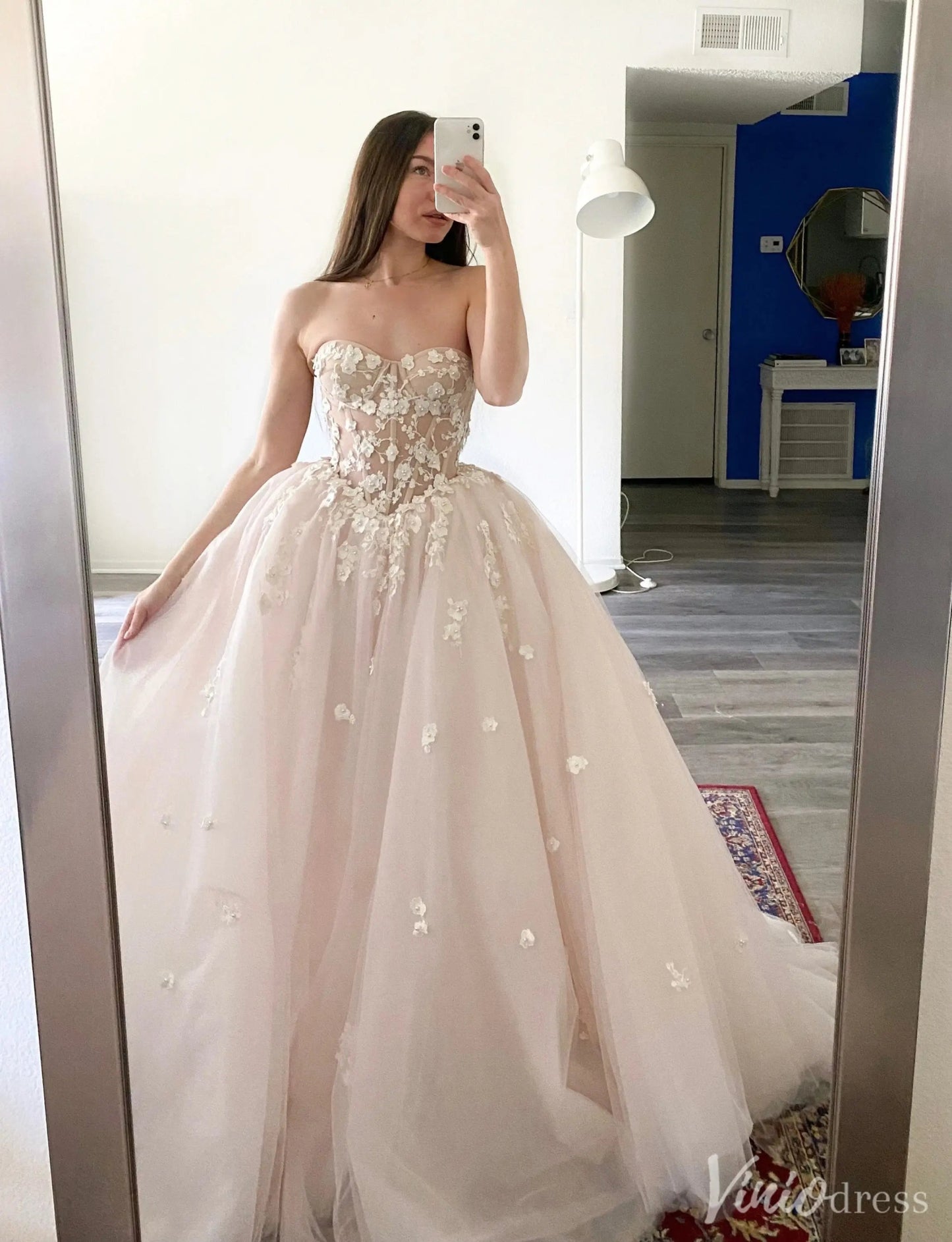 Blush 3D Floral Ball Gown Wedding Dress with Sheer Corset Bodice – VW2521-wedding dresses 2025 -Viniodress-Blush-Custom Size-