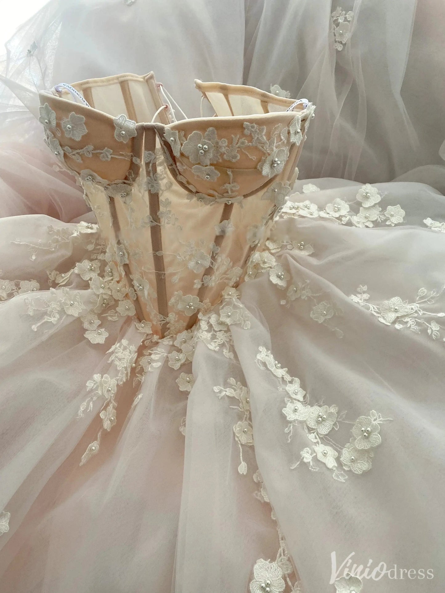 Blush 3D Floral Ball Gown Wedding Dress with Sheer Corset Bodice – VW2521-wedding dresses 2025 -Viniodress-Blush-Custom Size-