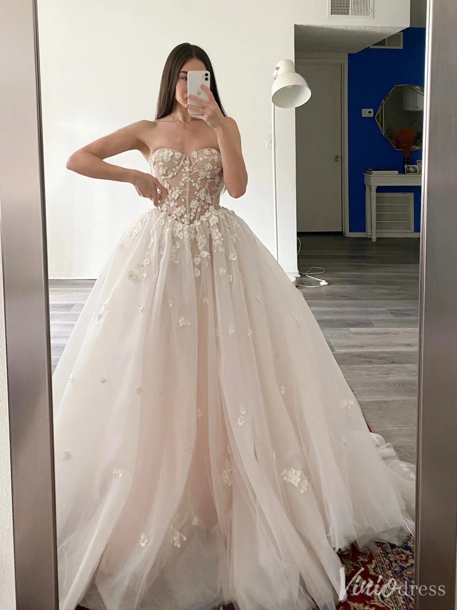 Blush 3D Floral Ball Gown Wedding Dress with Sheer Corset Bodice – VW2521-wedding dresses 2025 -Viniodress-Blush-Custom Size-