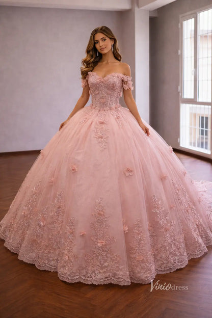 Blush 3D Floral Quinceañera Ball Gown Dress with Glitter Tulle Skirt, Bow Back & Cathedral Train – QC015-Quinceanera Dresses 2026-Viniodress-Blush-Custom Size – Add Measurements in Cart-