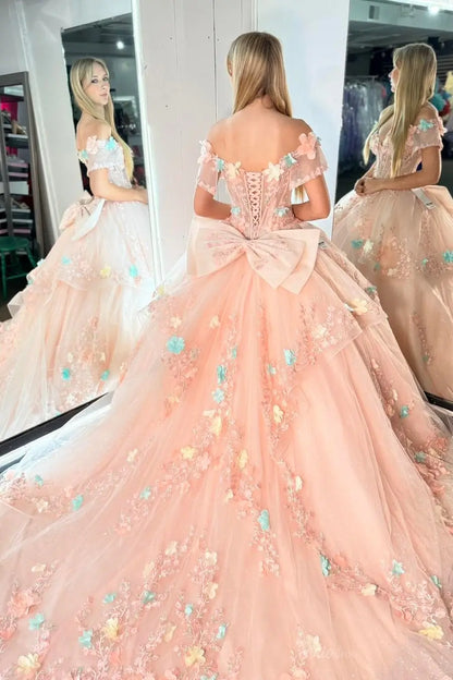 Blush 3D Floral Quinceañera Ball Gown with Big Bow – QC001 – Viniodress Blush 3D Floral Quinceañera Ball Gown with Big Bow – QC001 – Viniodress