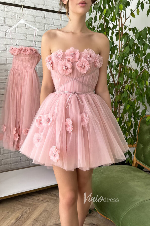 Prom Dress 2025 Blush 3D Flower Homecoming Dresses Strapless Short Prom Dress FD2981-unique prom dresses-Pink-Custom Size-Viniodress