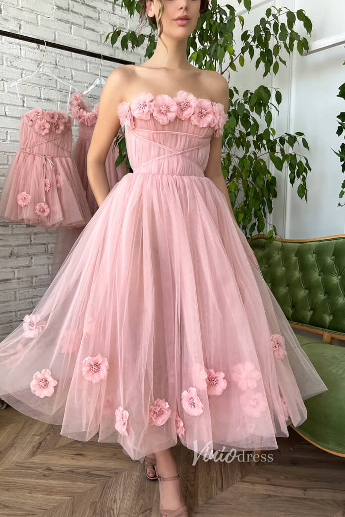 Prom Dress 2025 Blush 3D Flower Prom Dresses Strapless Mid Length Hoco Dress FD2979-unique prom dresses-Pink-Custom Size-Viniodress