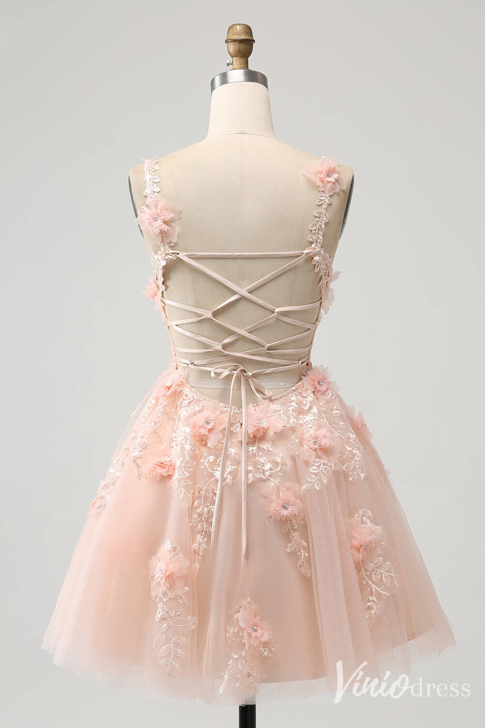 Blush 3D Flower V - Neck Homecoming Dresses Lace Applique Back to School Dress S24013 - Viniodressprom dressesBlush PinkCustom Size - Formal Dresses - Ball Gowns