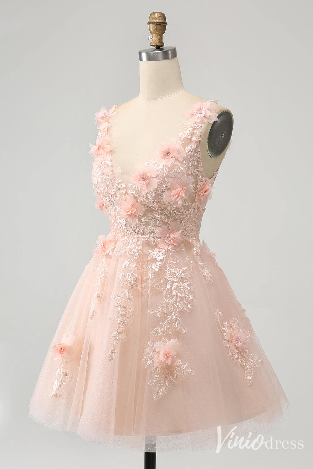 Blush 3D Flower V - Neck Homecoming Dresses Lace Applique Back to School Dress S24013 - Viniodressprom dressesBlush PinkCustom Size - Formal Dresses - Ball Gowns