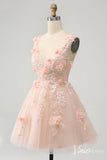 Blush 3D Flower V-Neck Homecoming Dresses Lace Applique Back to School Dress S24013-prom dresses-Viniodress-Viniodress