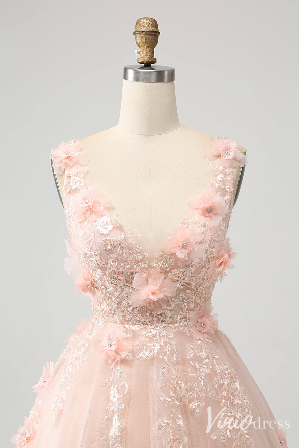 Blush 3D Flower V-Neck Homecoming Dresses Lace Applique Back to School Dress S24013-prom dresses-Viniodress-Viniodress