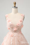 Blush 3D Flower V-Neck Homecoming Dresses Lace Applique Back to School Dress S24013-prom dresses-Viniodress-Viniodress