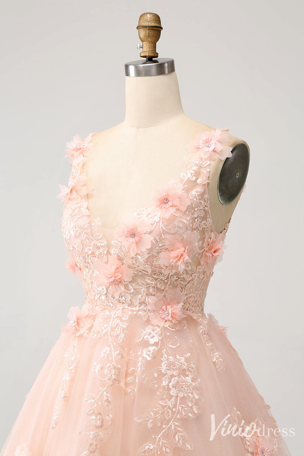 Blush 3D Flower V - Neck Homecoming Dresses Lace Applique Back to School Dress S24013 - Viniodressprom dressesBlush PinkCustom Size - Formal Dresses - Ball Gowns