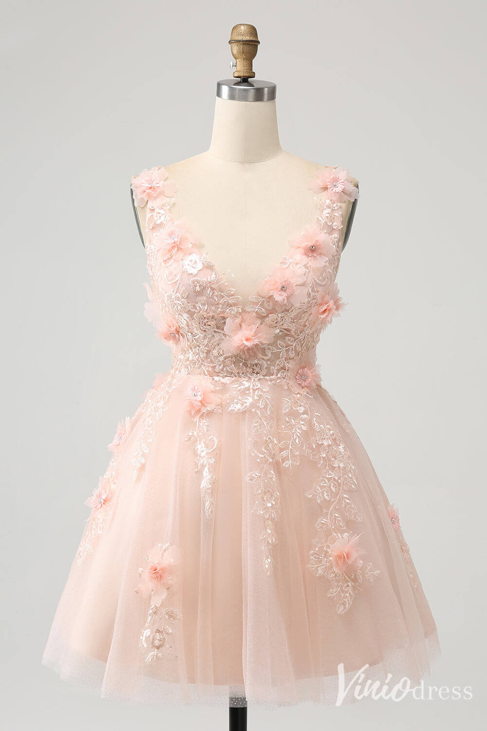 Blush 3D Flower V-Neck Homecoming Dresses Lace Applique Back to School Dress S24013-prom dresses-Viniodress-Blush Pink-Custom Size-Viniodress