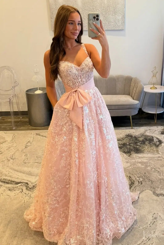 Blush Bow A-Line Prom Dress with Lace Corset Bodice & Glitter Floral Tulle Skirt – AL006-prom dresses 2026-Viniodress-Blush-Custom Size-