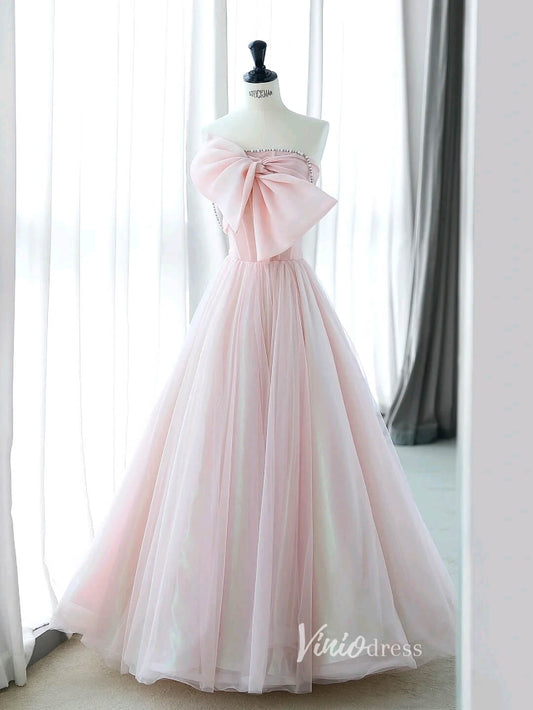 Blush Bow-Tie Prom Dresses Strapless Formal Dress AD1041-prom dresses 2025 -Viniodress-Blush Pink-Custom Size-