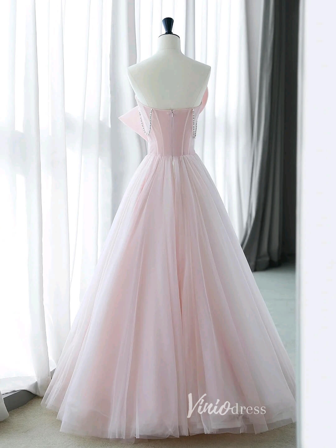 Blush Bow-Tie Prom Dresses Strapless Formal Dress AD1041-prom dresses 2025 -Viniodress-Blush Pink-Custom Size-