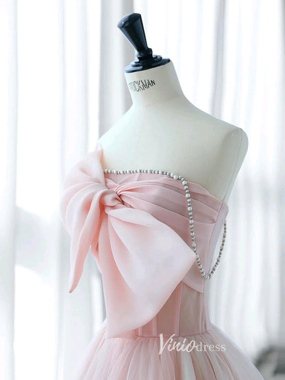 Blush Bow-Tie Prom Dresses Strapless Formal Dress AD1041-prom dresses 2025 -Viniodress-Blush Pink-Custom Size-