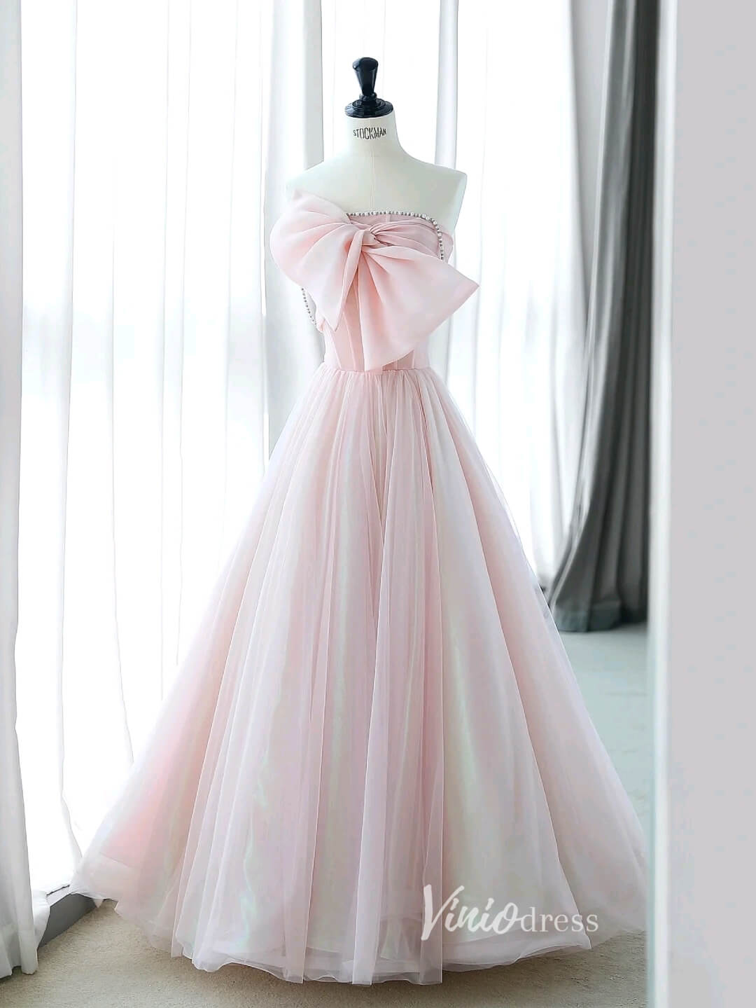 Blush Bow - Tie Prom Dresses Strapless Formal Dress AD1041 - Viniodressprom dressesBlush PinkCustom Size - Formal Dresses - Ball Gowns