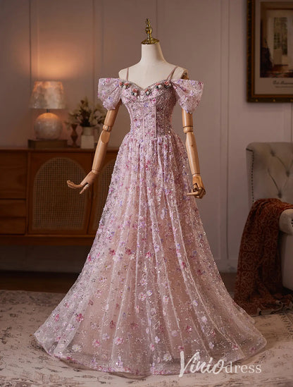 Blush Fairycore Floral Formal Dress with Glitter Tulle & Off Shoulder Sleeves - BJ118-formal dresses 2026-Viniodress-Blush-US 0-