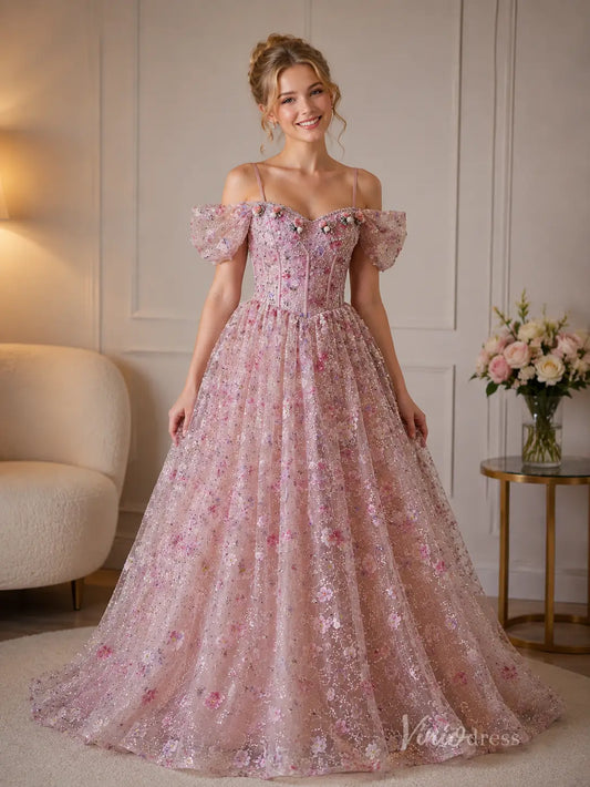 Blush Fairy Floral Formal Dress with Glitter Tulle & Off Shoulder Sleeves - BJ118-formal dresses 2026-Viniodress-Blush-US 0-