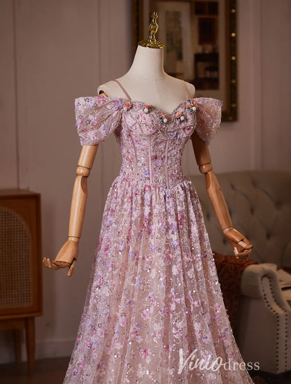 Blush Fairycore Floral Formal Dress with Glitter Tulle & Off Shoulder Sleeves - BJ118-formal dresses 2026-Viniodress-Blush-US 0-