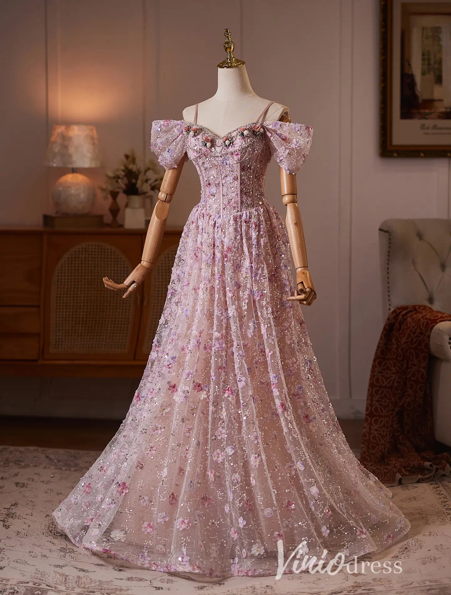 Blush Fairycore Floral Formal Dress with Glitter Tulle & Off Shoulder Sleeves - BJ118-formal dresses 2026-Viniodress-Blush-US 0-