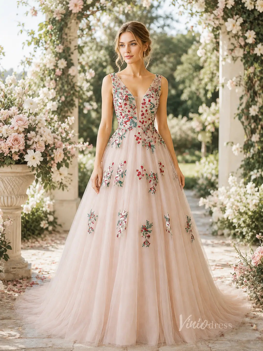 Blush Floral Embroidered A-Line Wedding Dress with Plunging V Neck, Corset Back & Sweep Train - FW272-wedding dresses 2026-Viniodress-Blush-Custom Size – Add Measurements in Cart-