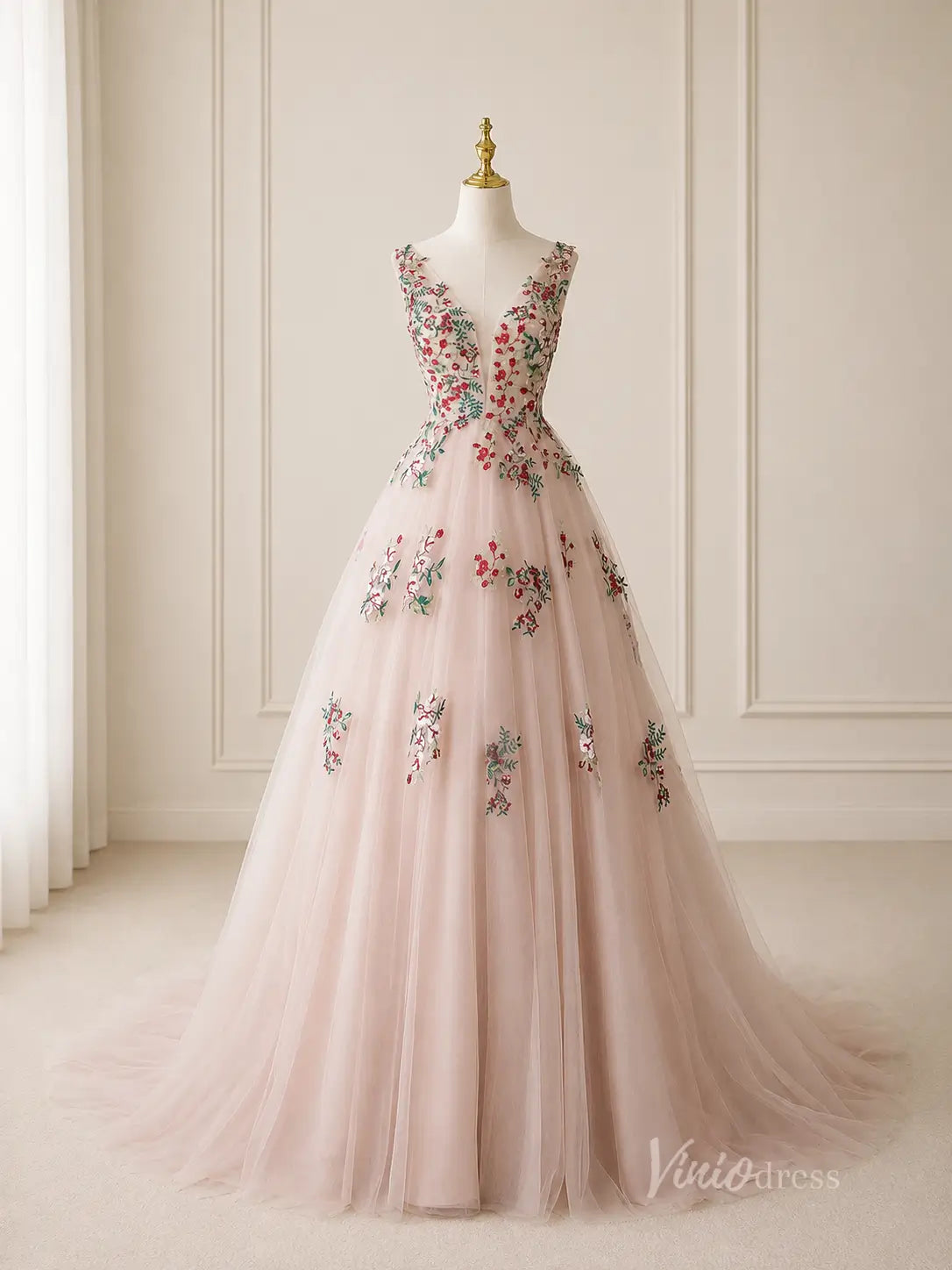 Blush Floral Embroidered A-Line Wedding Dress with Plunging V Neck, Corset Back & Sweep Train - FW272-wedding dresses 2026-Viniodress-Blush-Custom Size – Add Measurements in Cart-