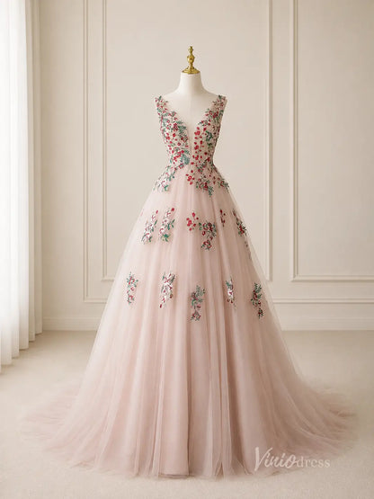 Blush Floral Embroidered A-Line Wedding Dress with Plunging V Neck, Corset Back & Sweep Train - FW272-wedding dresses 2026-Viniodress-Blush-Custom Size – Add Measurements in Cart-