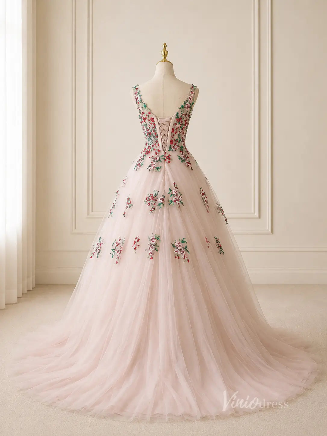 Blush Floral Embroidered A-Line Wedding Dress with Plunging V Neck, Corset Back & Sweep Train - FW272-wedding dresses 2026-Viniodress-Blush-Custom Size – Add Measurements in Cart-