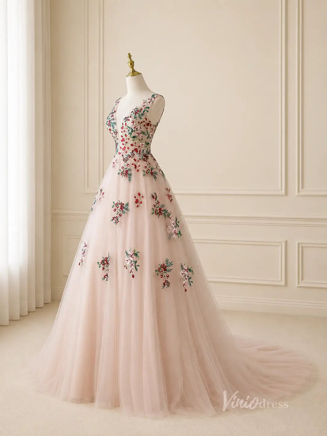 Blush Floral Embroidered A-Line Wedding Dress with Plunging V Neck, Corset Back & Sweep Train - FW272-wedding dresses 2026-Viniodress-Blush-Custom Size – Add Measurements in Cart-