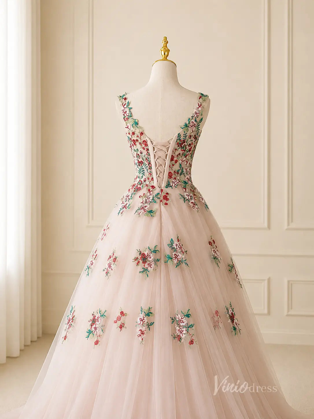 Blush Floral Embroidered A-Line Wedding Dress with Plunging V Neck, Corset Back & Sweep Train - FW272-wedding dresses 2026-Viniodress-Blush-Custom Size – Add Measurements in Cart-