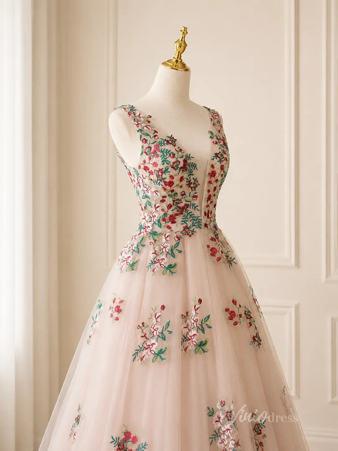 Blush Floral Embroidered A-Line Wedding Dress with Plunging V Neck, Corset Back & Sweep Train - FW272-wedding dresses 2026-Viniodress-Blush-Custom Size – Add Measurements in Cart-