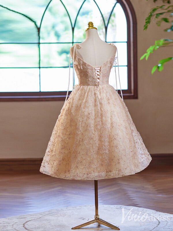 Blush Floral Lace Homecoming Dress Spaghetti Strap Back to School Dress 8008-prom dresses 2025 -Viniodress-Blush Pink-Custom Size-